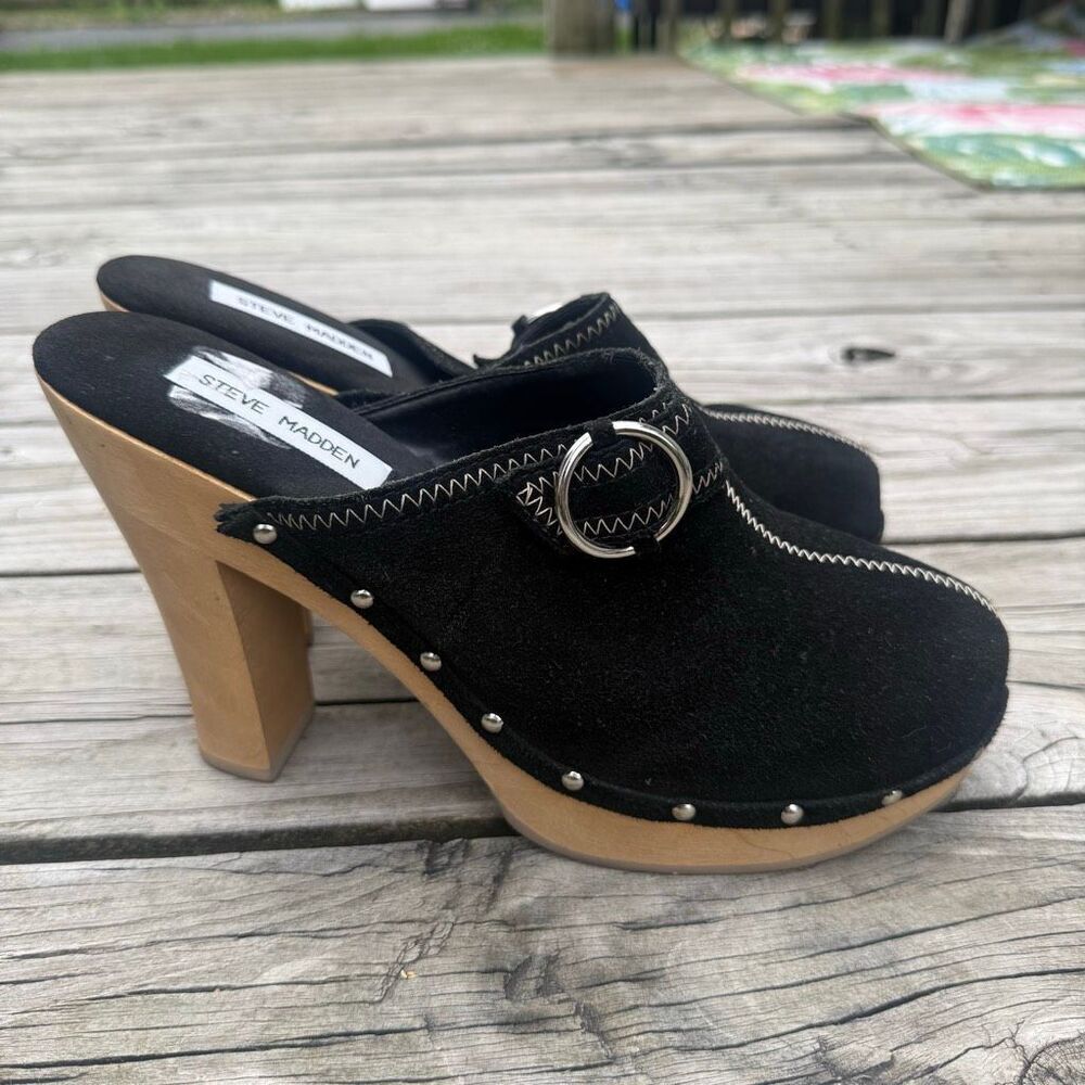 Steve Madden Faris Black Suede Mule Clogs Heels